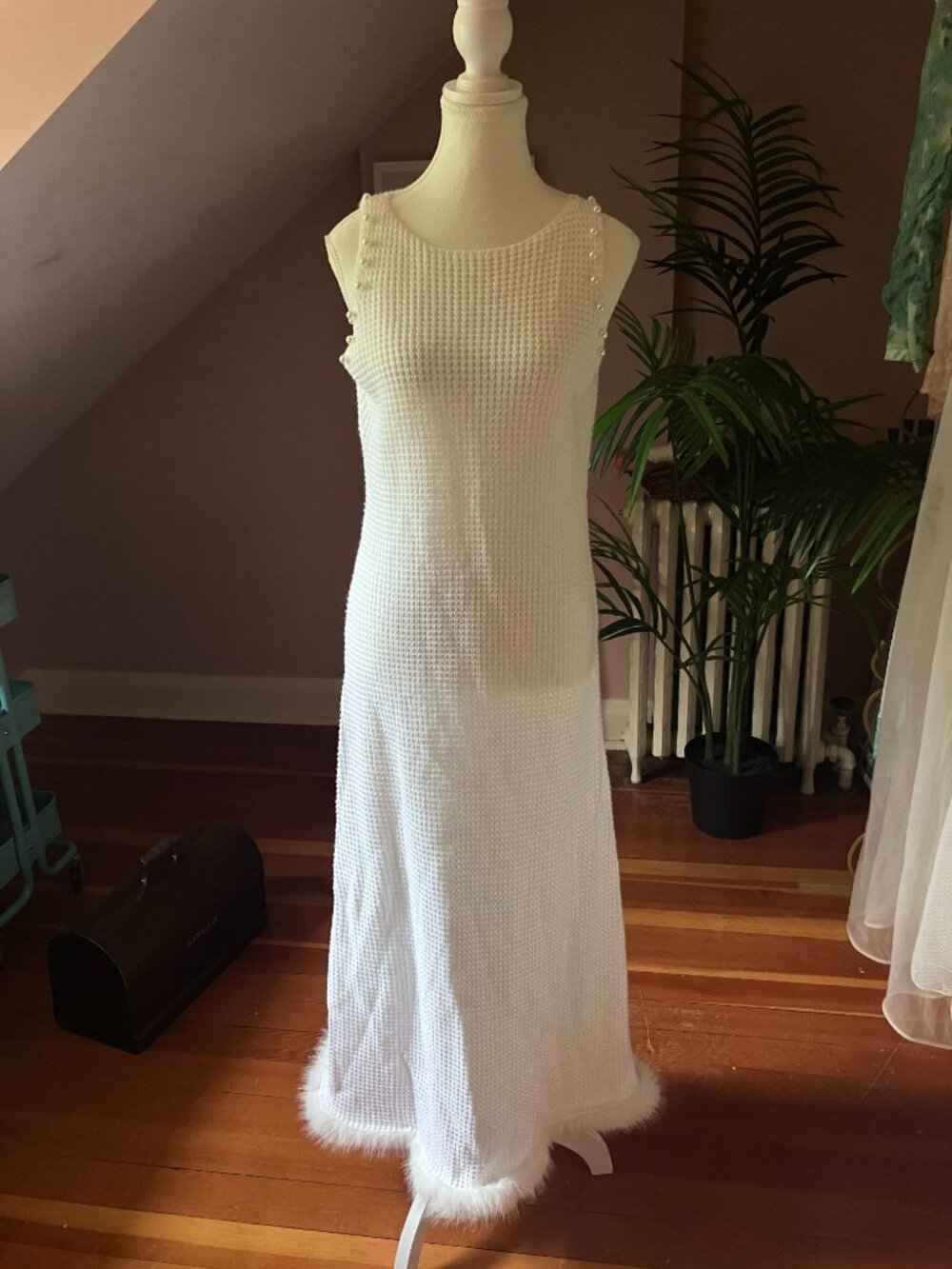 White loose cable knit fur trimmed maxi dress long sundress cover up summer - Picture 3 of 11
